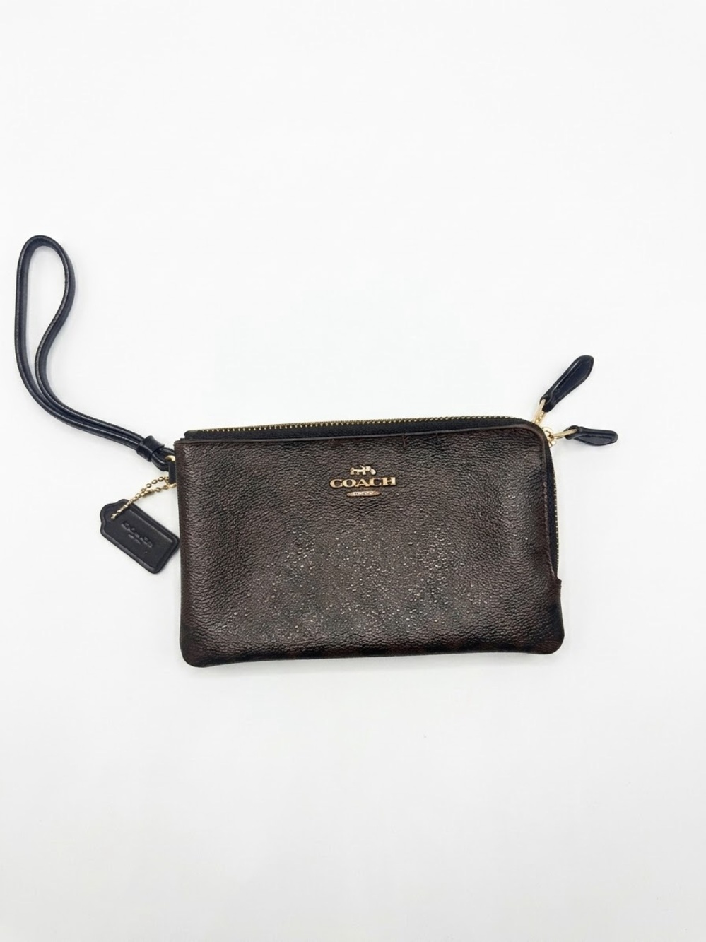 Coach Dark Brown Leather Wristlet with Gold Hardware